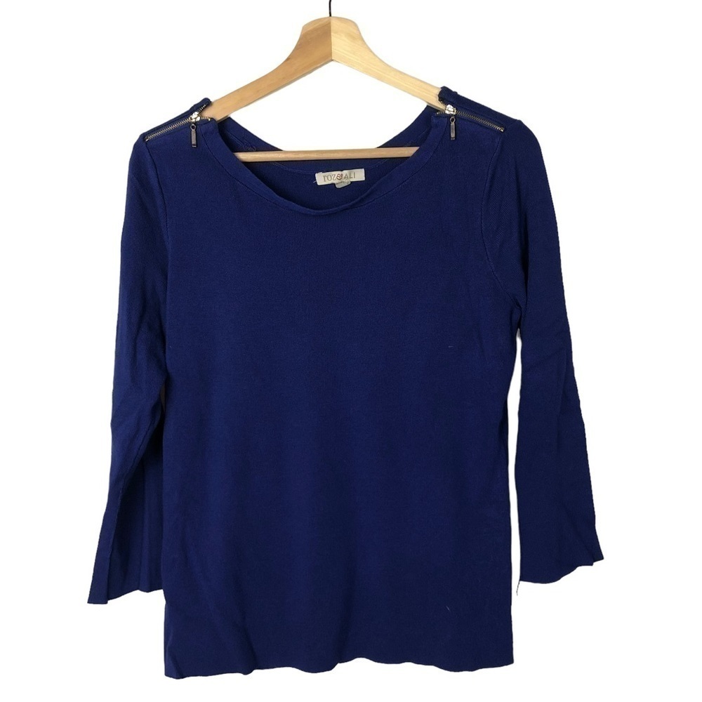 Roz‎ & Ali Blue Zip Shoulder Long Sleeve Knit Blouse S